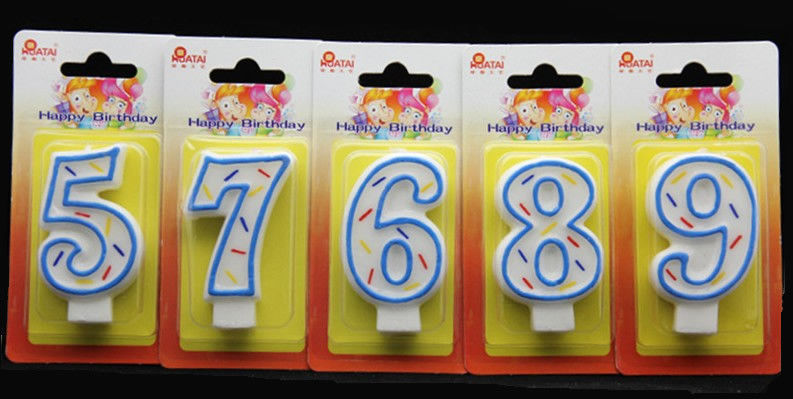 Birthday Candles Handmade Number Candle with Blue Edge and 3 Colors Lines Painted
